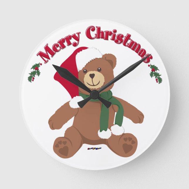 Relógio Redondo Feliz Natal Teddy Bear (Frente)