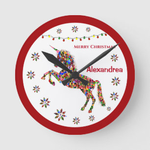 Relógio Redondo Feliz Natal Unicórnio Personalizar a Glitter