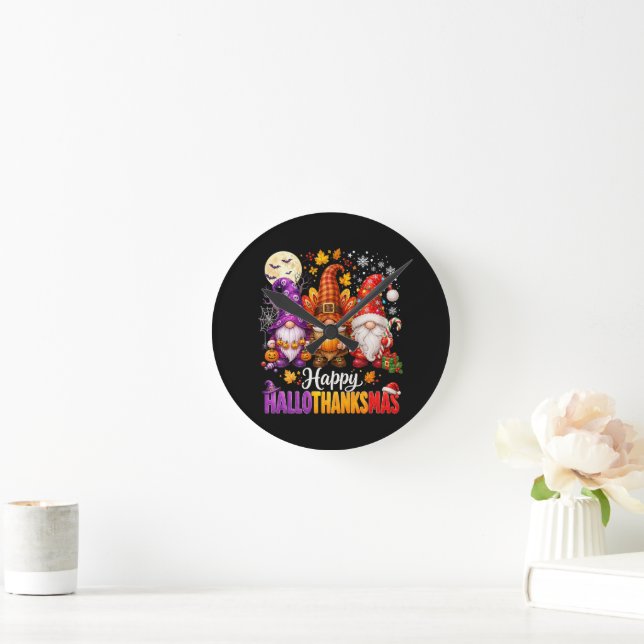 Relógio Redondo Felizes Gnomos de HalloObrigadoNatal (Lar)