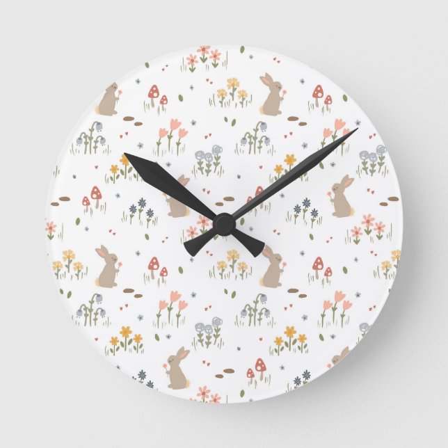Relógio Redondo Felz pascoa Coelhinho Flores Selvagens Quarto De C (Frente)
