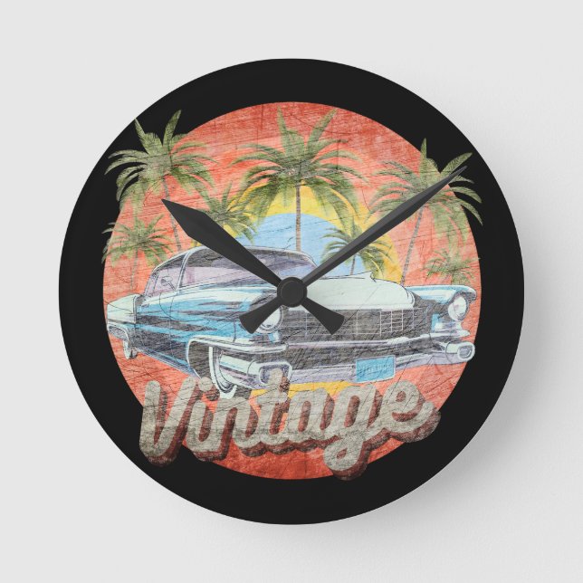 Relógio Redondo Férias de Verão de Carro Antigo Rústico (Frente)