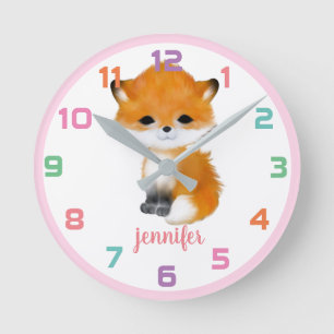 Relógio Redondo Fio-Woodland Fox Colorida Kids Wall Clock