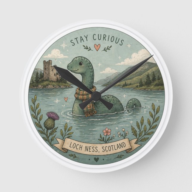 Relógio Redondo Fique Curioso Aconchegante Críptido Nessie Monstro (Frente)