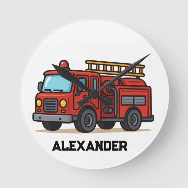 Relógio Redondo Firetruck personalised name wall clock (Frente)