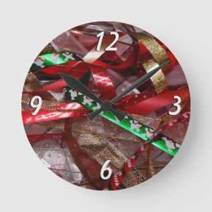 Relógio Redondo Fitas de Natal Vermelho Verde e Dourado Feriado