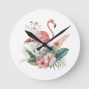 Relógio Redondo Flamingo Com Flores