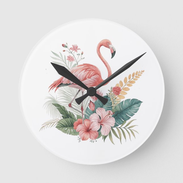 Relógio Redondo Flamingo Com Flores (Frente)