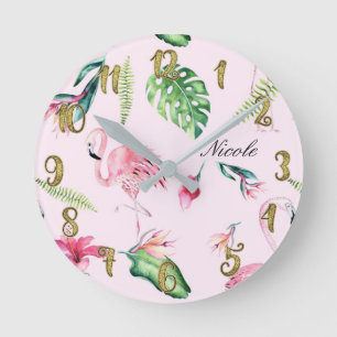 Relógio Redondo Flamingo Rosa & Folhas Florais Tropicais Personali