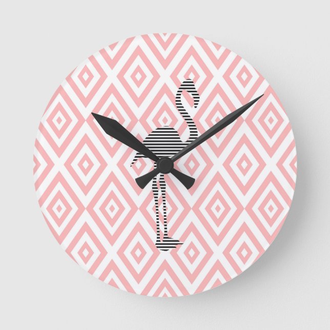 Relógio Redondo Flamingo - teste padrão geométrico abstrato - rosa (Frente)