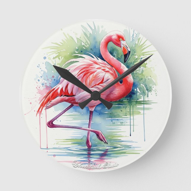 Relógio Redondo Flamingo Watercolor Wall Clock (Frente)