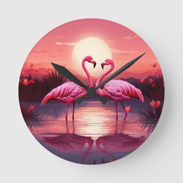Relógio Redondo Flamingos cor-de-rosa ao sol (Frente)