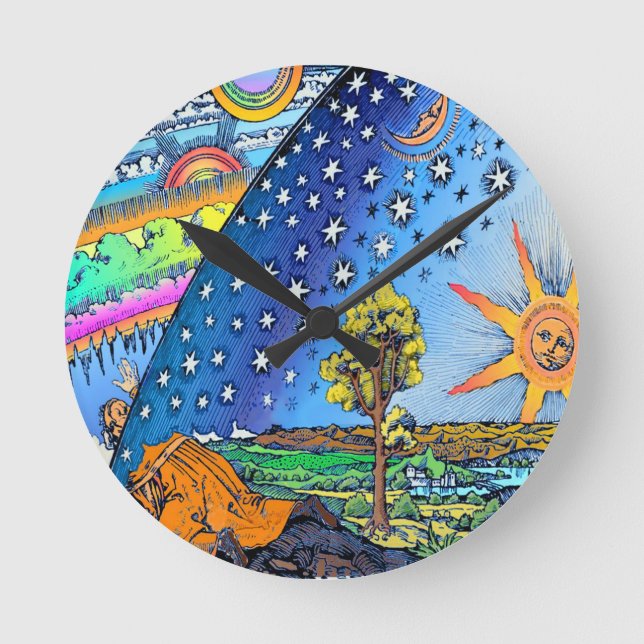 Relógio Redondo Flammarion Woodcut Flat Earth Design Square COLOR (Frente)