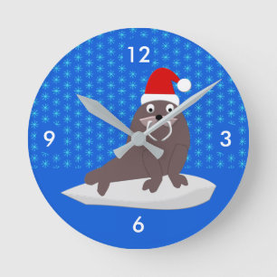 Relógio Redondo Flocos de neve e Walrus de Natal