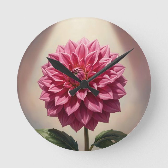 Relógio Redondo Flor Botânica de Dália Rosa (Frente)