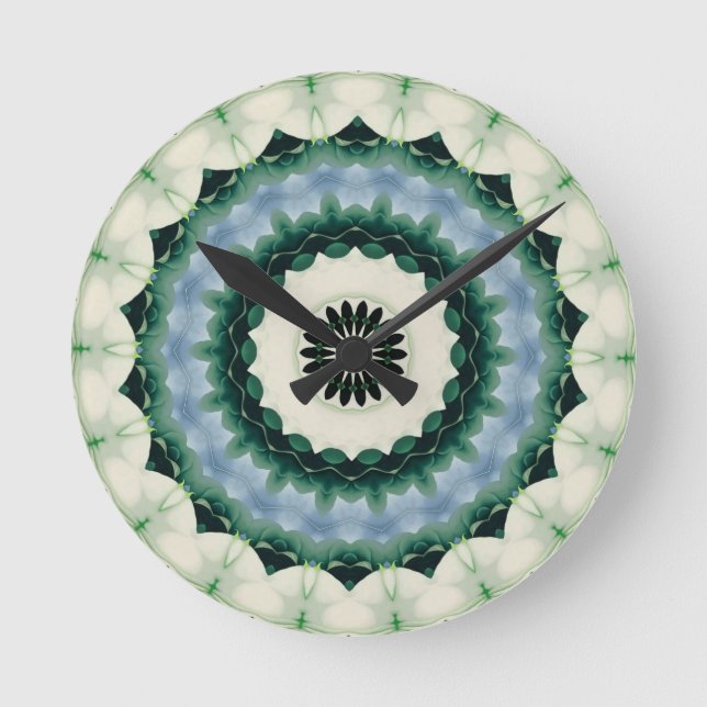 Relógio Redondo Flor Branca e Mandala Azul Cerúleo (Frente)