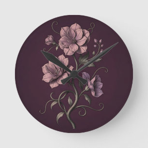Relógio Redondo Flor de Anêmona Roxa Malva Botânica Escura