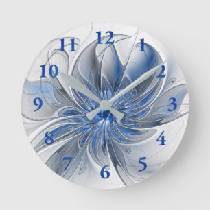 Relógio Redondo Flor de Arte Fracionada com Cinza Azul abstrato