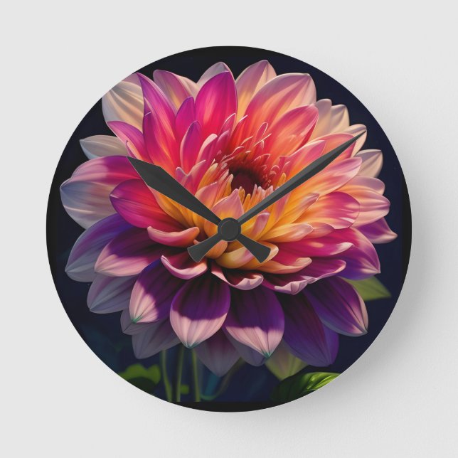Relógio Redondo Flor de Laranja Quente e Dália Rosa (Frente)
