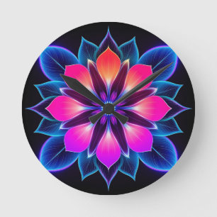 Relógio Redondo Flor de Neon com Padrões de Luz Azul