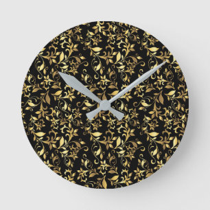 Relógio Redondo Floral Abstrato Dourado em Fundo Preto