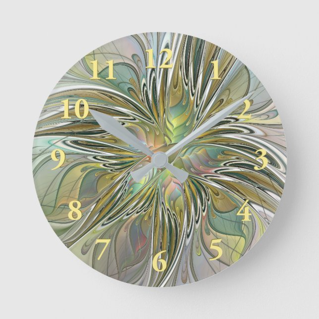 Relógio Redondo Floral Fantasy Moderna Arte Fractal Flor Com Doura (Frente)