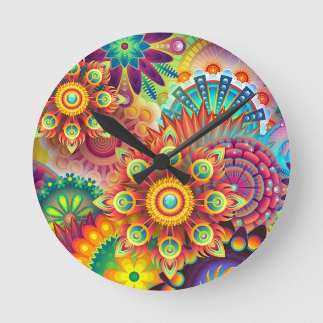 Relógio Redondo Floral Mandala Collage Psychedelic Wall Clock (Frente)