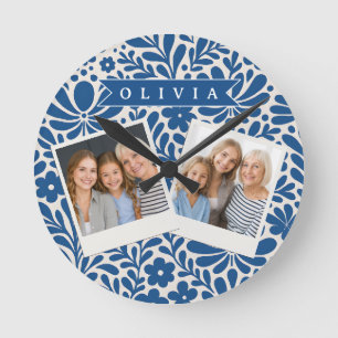 Relógio Redondo Floral Nórdico Personalizado Azul Folclórico