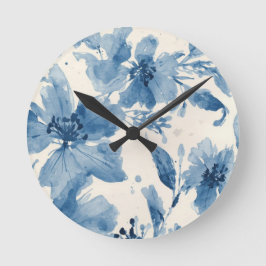 Relógio Redondo Floral Pintado Botânico Caprichoso Aquarela Azul