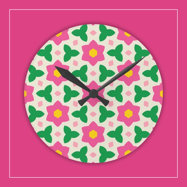 Relógio Redondo Flores Botânicas Rosa Vibrante em Floral Geométric (Criador carregado)