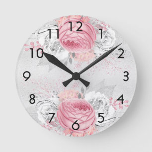 Relógio Redondo Flores cor-de-rosa, cor-de-prata, rosas elegantes