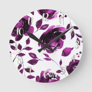 Relógio Redondo Flores de Aquarela Floral Roxo Elegante Chic