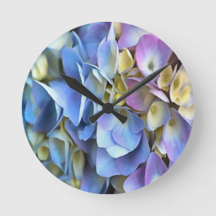 Relógio Redondo Flores de Hydrangea Azul e Rosa