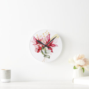 Relógio Redondo Flores de inverno vermelhas poinsettia aquática