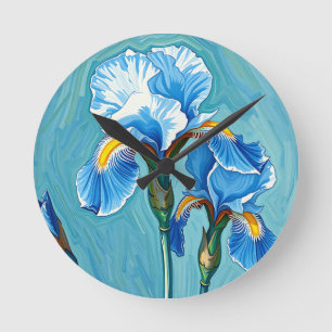 Relógio Redondo Flores de Íris Azul Padrão Artístico