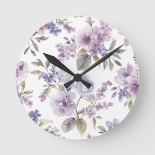 Relógio Redondo Flores de Lavanda Aquarela Botânica Roxa