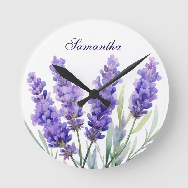 Relógio Redondo Flores de Lavanda em Aquarela (Frente)