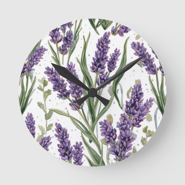 Relógio Redondo Flores de Lavanda Roxa Botânica Aquarela (Frente)