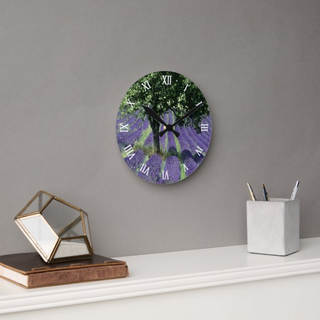 Relógio Redondo Flores de Lavanda Roxa Pintura de Oliveiras em Art (Escritório)