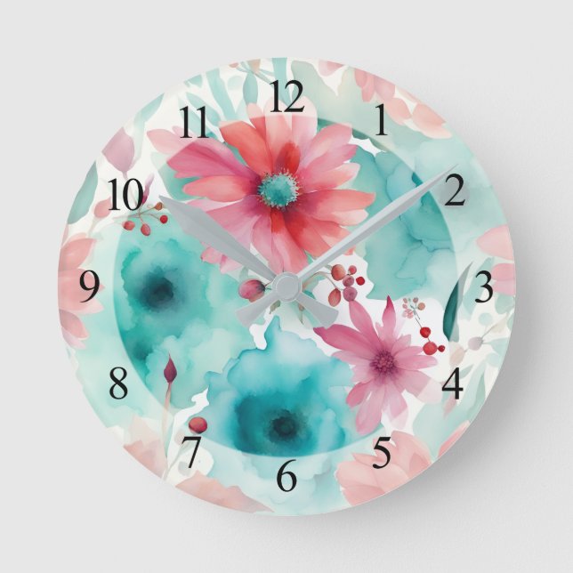 Relógio Redondo Flores de primavera em aquarela azul turquesa verm (Frente)