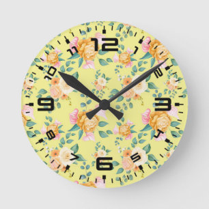 Relógio Redondo Flores de Rosa Floral Fundo Amarelo-2322