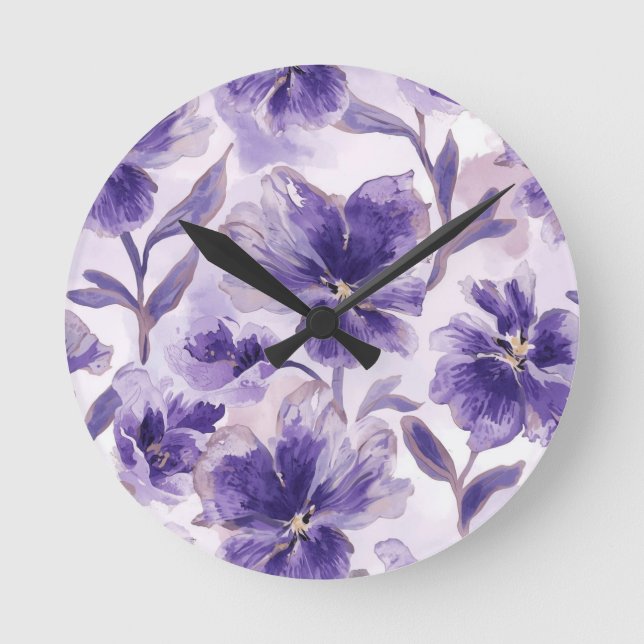 Relógio Redondo Flores de Violeta Aquarela Flores Roxas Pintadas (Frente)