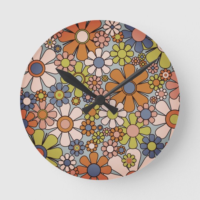 Relógio Redondo Flores estéticas do Jardim Retro 60s 70s (Frente)