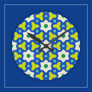 Relógio Redondo Flores Fofas em Floral Geométrico Azul e Verde
