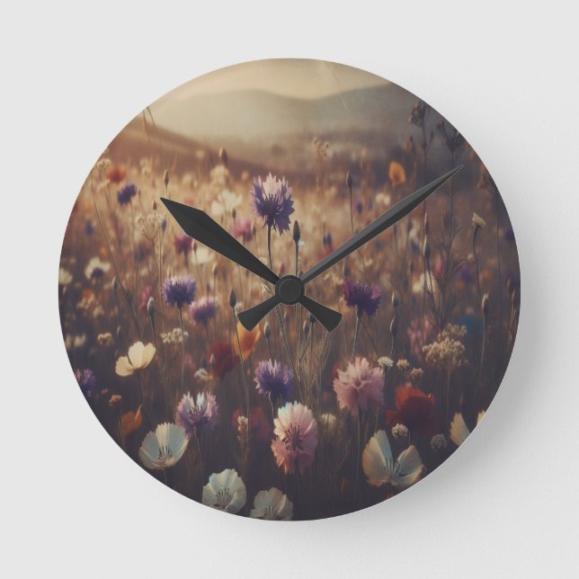 Relógio Redondo "Flores Silvestres" Retro, Atmosférico, (Frente)