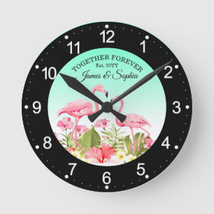 Relógio Redondo Flores Tropicais e Design de Flamingos