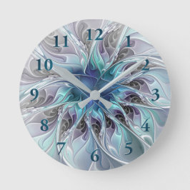 Relógio Redondo Florescer Floral Fractal Moderno Abstrato Com Azul
