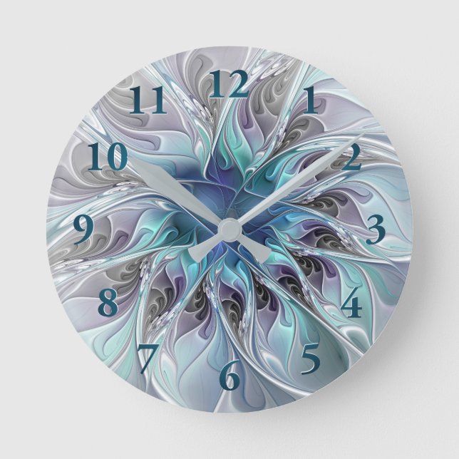 Relógio Redondo Florescer Floral Fractal Moderno Abstrato Com Azul (Frente)