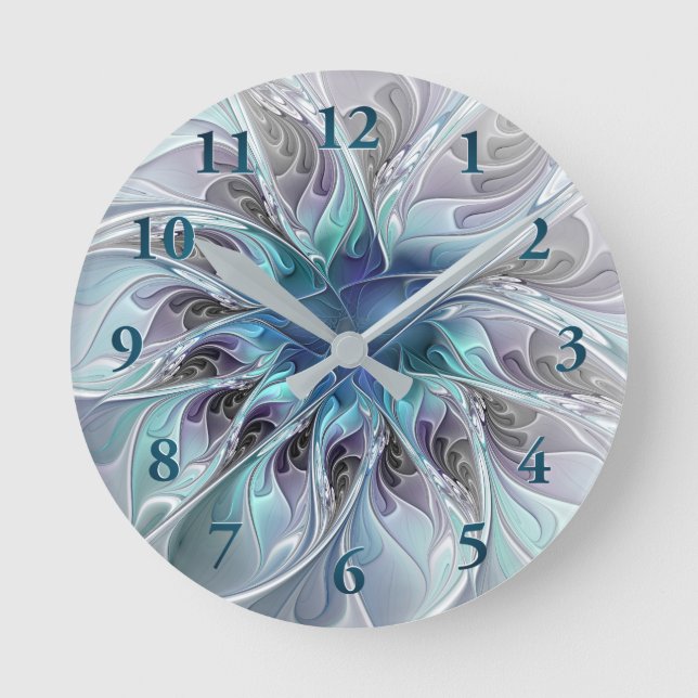 Relógio Redondo Florescer Floral Fractal Moderno Abstrato Com Azul (Frente)