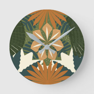 Relógio Redondo Floresta Tropical Verde Laranja Botânica