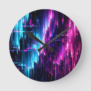 Relógio Redondo Fluxo de Dados de Glitch Neon Abstrato